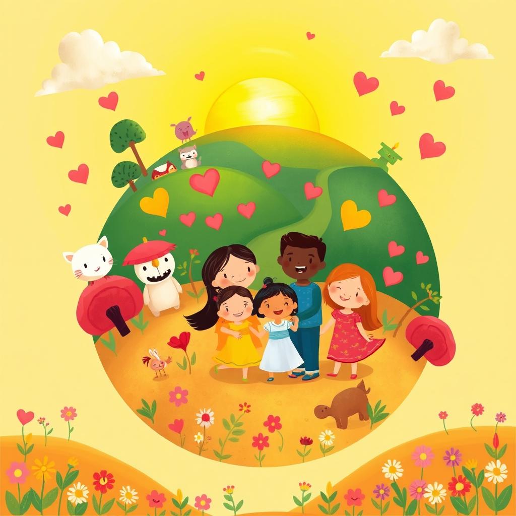 An imaginative and heartwarming illustration titled "Planet of Happiness is a Family" depicting a vibrant, whimsical planet characterized by familial love and unity