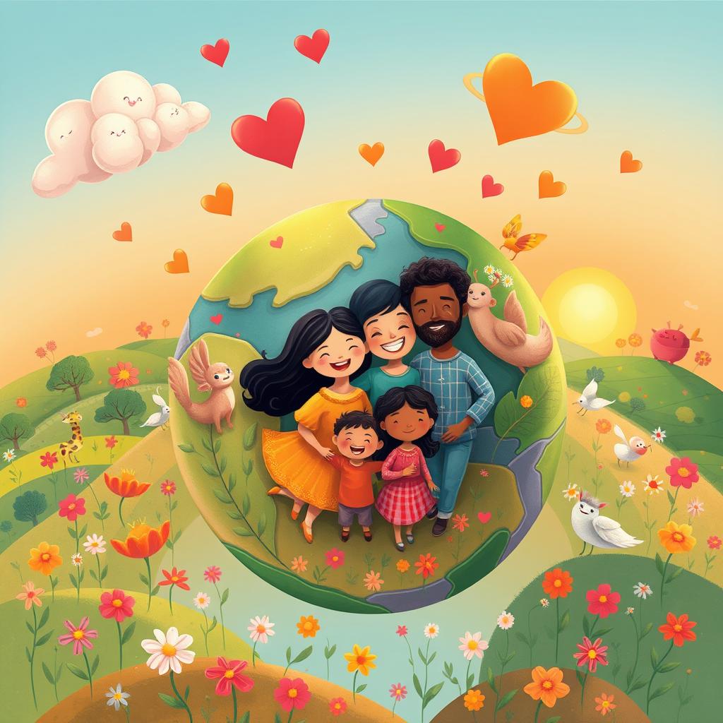 An imaginative and heartwarming illustration titled "Planet of Happiness is a Family" depicting a vibrant, whimsical planet characterized by familial love and unity