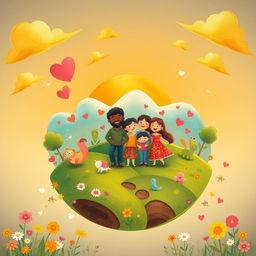 An imaginative and heartwarming illustration titled "Planet of Happiness is a Family" depicting a vibrant, whimsical planet characterized by familial love and unity