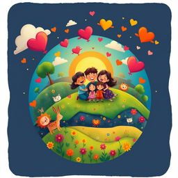 An imaginative and heartwarming illustration titled "Planet of Happiness is a Family" depicting a vibrant, whimsical planet characterized by familial love and unity