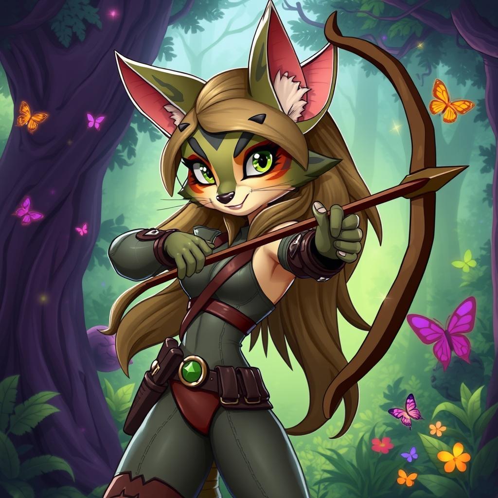 A sexy Tabaxi female hunter character in a vibrant cartoon style