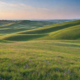 An idyllic landscape showcasing gently rolling hills blanketed with vivid green grass, expansive meadows dotted with colorful wildflowers, under a bright, clear sky.