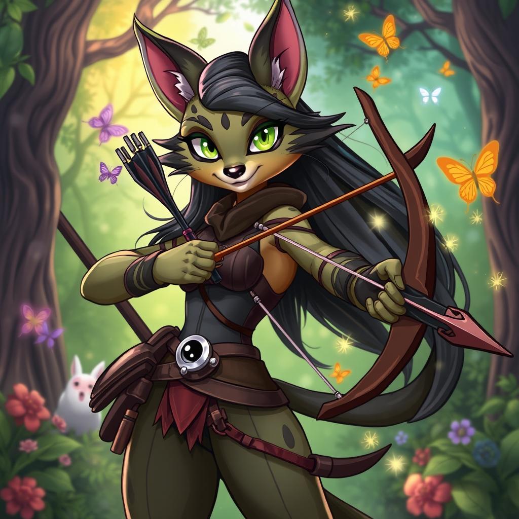 A sexy Tabaxi female hunter character in a vibrant cartoon style