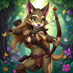 A sexy Tabaxi female hunter character in a vibrant cartoon style