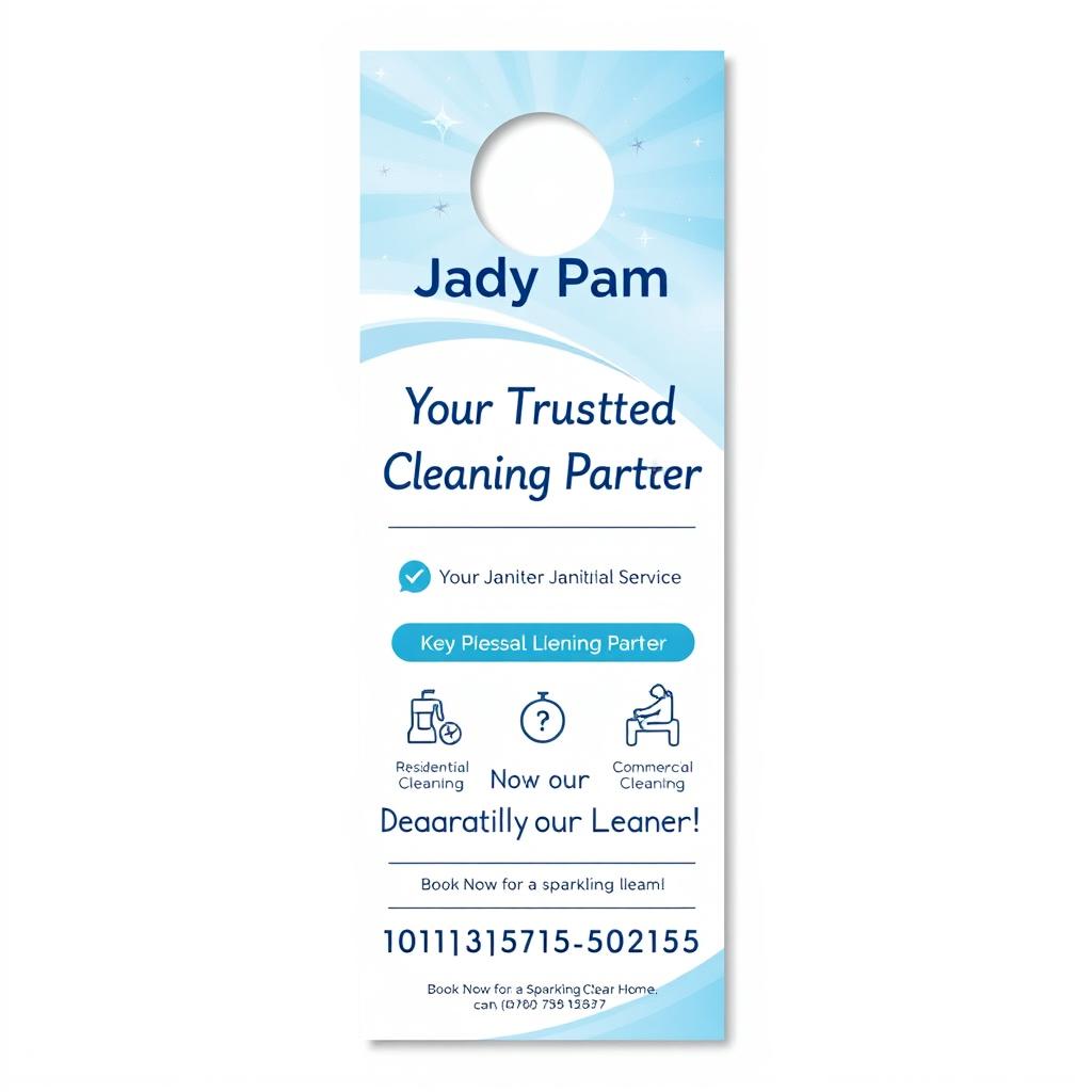 An attractive and professional door hanger design for 'Tidy Pam Janitorial Service', emphasizing cleanliness and reliability