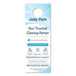 An attractive and professional door hanger design for 'Tidy Pam Janitorial Service', emphasizing cleanliness and reliability