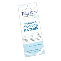 An attractive and professional door hanger design for 'Tidy Pam Janitorial Service', emphasizing cleanliness and reliability