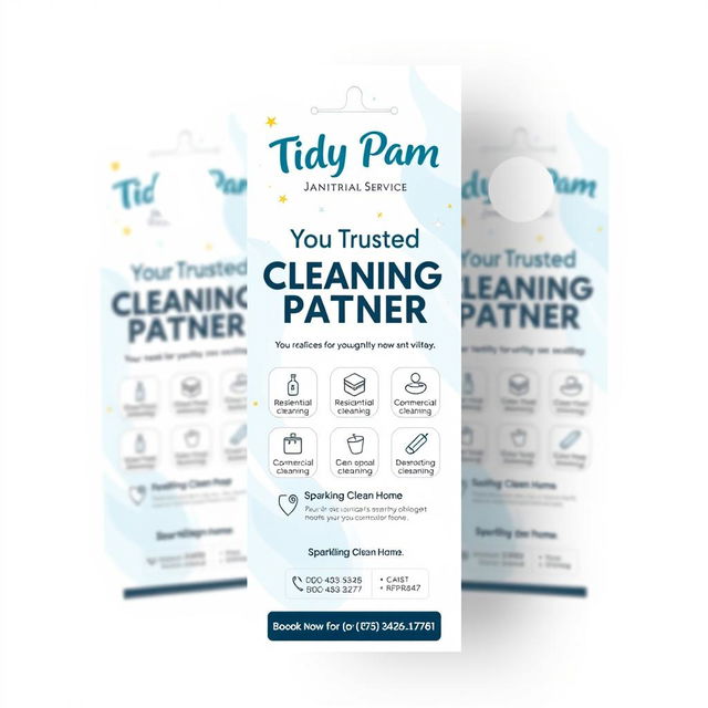 An attractive and professional door hanger design for 'Tidy Pam Janitorial Service', emphasizing cleanliness and reliability