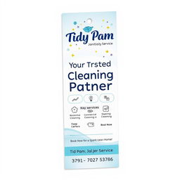 An attractive and professional door hanger design for 'Tidy Pam Janitorial Service', emphasizing cleanliness and reliability