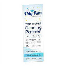 An attractive and professional door hanger design for 'Tidy Pam Janitorial Service', emphasizing cleanliness and reliability