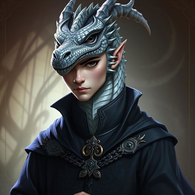 A noble dragonborn wizard depicted with a very dragon-like face that exudes intelligence and power