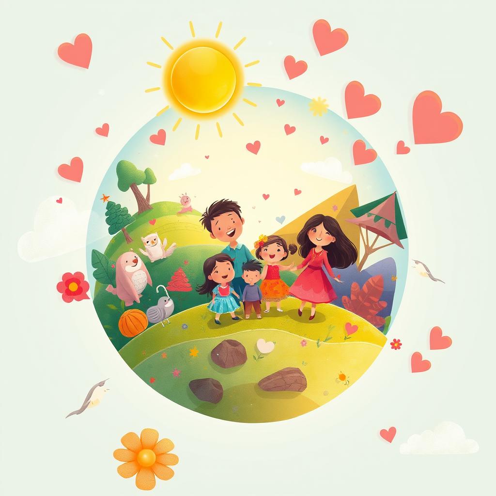 An imaginative and heartwarming illustration titled "Planet of Happiness is a Family" depicting a vibrant, whimsical planet where the theme of family unity and joy prevails