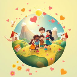 An imaginative and heartwarming illustration titled "Planet of Happiness is a Family" depicting a vibrant, whimsical planet where the theme of family unity and joy prevails