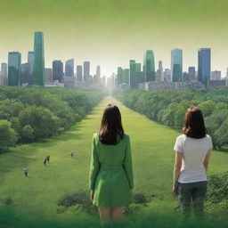 A high-definition, bright environmental poster displaying an enlarged, intensely green nature scene. Modern designs of people are seen from the back, acting as nature's guardians. Further in the background, include some modern buildings at distance, symbolizing today's era but indicating the importance of nature.