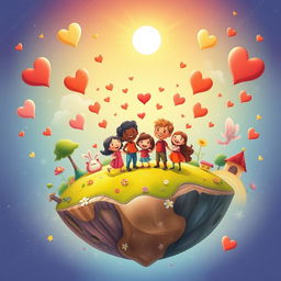 An imaginative and heartwarming illustration titled "Planet of Happiness is a Family" depicting a vibrant, whimsical planet where the theme of family unity and joy prevails