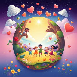 An imaginative and heartwarming illustration titled "Planet of Happiness is a Family" depicting a vibrant, whimsical planet where the theme of family unity and joy prevails