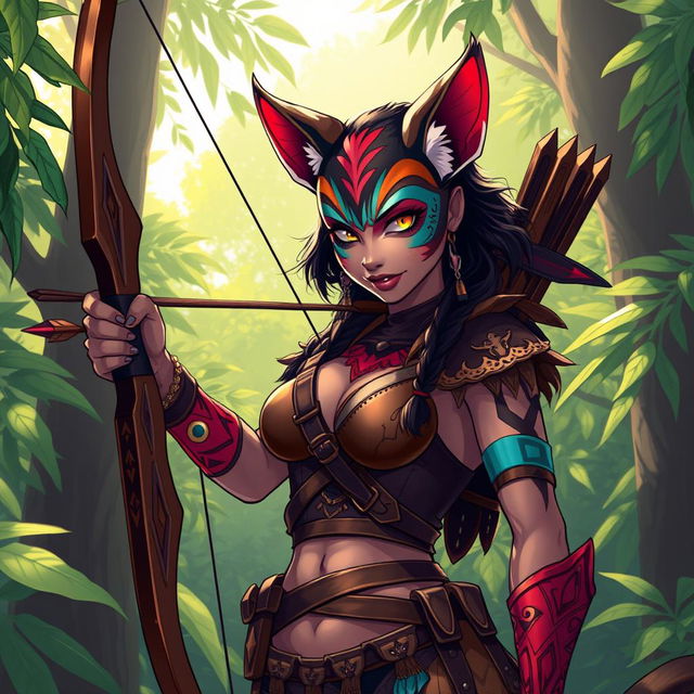 A stylized illustration of a sexy Tabaxi girl hunter, featuring vibrant fur patterns, feline ears, and a confident posture