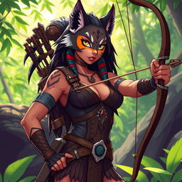 A stylized illustration of a sexy Tabaxi girl hunter, featuring vibrant fur patterns, feline ears, and a confident posture