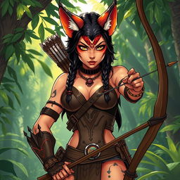 A stylized illustration of a sexy Tabaxi girl hunter, featuring vibrant fur patterns, feline ears, and a confident posture