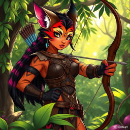 A stylized illustration of a sexy Tabaxi girl hunter, featuring vibrant fur patterns, feline ears, and a confident posture