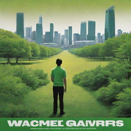 A high-definition, bright environmental poster displaying an enlarged, intensely green nature scene. Modern designs of people are seen from the back, acting as nature's guardians. Further in the background, include some modern buildings at distance, symbolizing today's era but indicating the importance of nature.