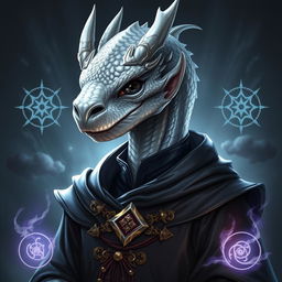 A noble dragonborn wizard with a strikingly detailed dragon-like face that embodies wisdom and power