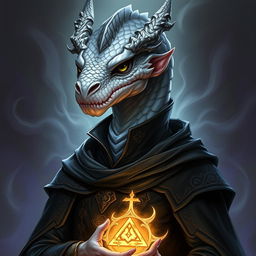 A noble dragonborn wizard with a strikingly detailed dragon-like face that embodies wisdom and power