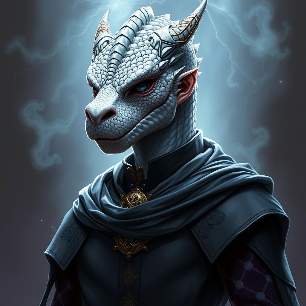 A noble dragonborn wizard with a strikingly detailed dragon-like face that embodies wisdom and power