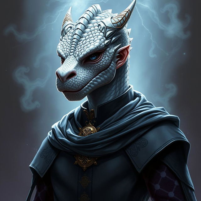 A noble dragonborn wizard with a strikingly detailed dragon-like face that embodies wisdom and power