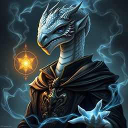 A noble dragonborn wizard with a strikingly detailed dragon-like face that embodies wisdom and power