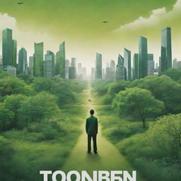 A high-definition, bright environmental poster displaying an enlarged, intensely green nature scene. Modern designs of people are seen from the back, acting as nature's guardians. Further in the background, include some modern buildings at distance, symbolizing today's era but indicating the importance of nature.