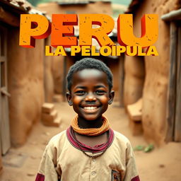 A vibrant scene depicting a young black boy standing in a brown village setting, surrounded by rustic buildings made of mud and clay