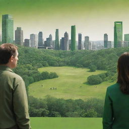 A high-definition, bright environmental poster displaying an enlarged, intensely green nature scene. Modern designs of people are seen from the back, acting as nature's guardians. Further in the background, include some modern buildings at distance, symbolizing today's era but indicating the importance of nature.