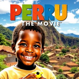 A movie poster titled 'PERU THE MOVIE', featuring a young Black boy at the forefront, showcasing a vibrant brown-colored village in the background