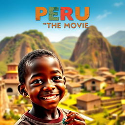 A movie poster titled 'PERU THE MOVIE', featuring a young Black boy at the forefront, showcasing a vibrant brown-colored village in the background