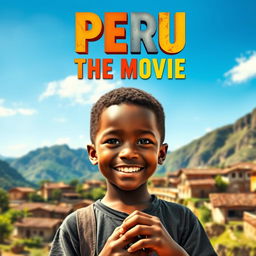 A movie poster titled 'PERU THE MOVIE', featuring a young Black boy at the forefront, showcasing a vibrant brown-colored village in the background