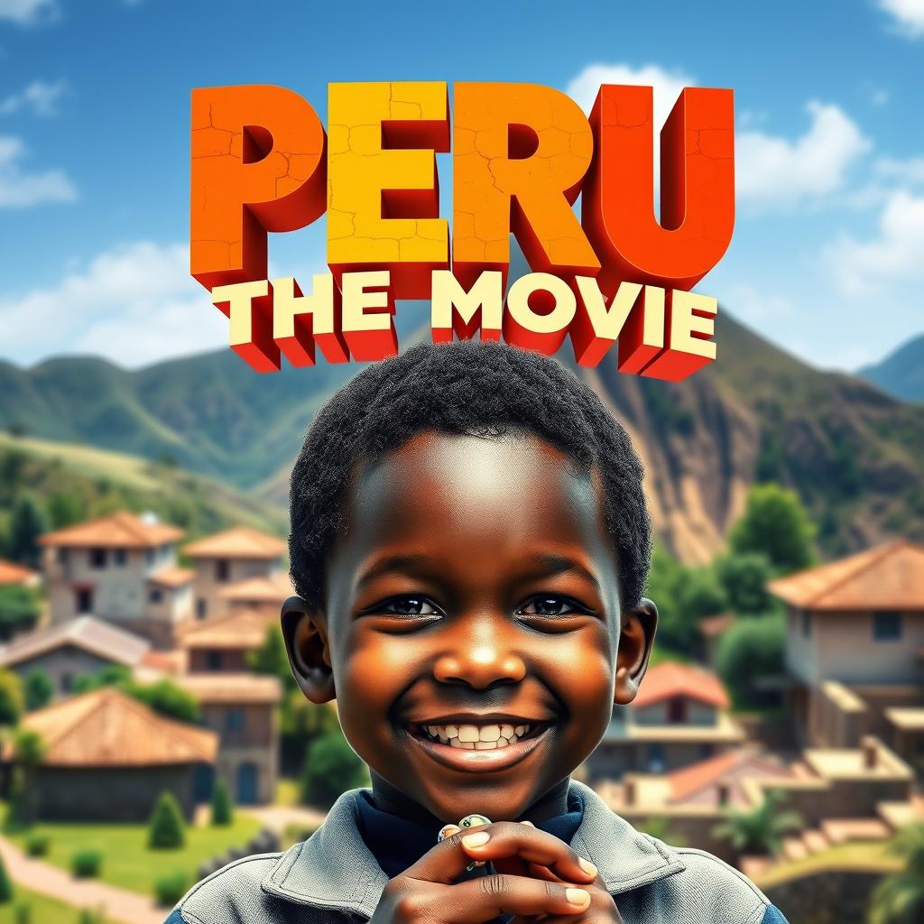 A movie poster titled 'PERU THE MOVIE', featuring a young Black boy at the forefront, showcasing a vibrant brown-colored village in the background