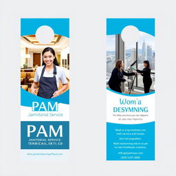 A two-sided door hanger design for Pam Janitorial Service, showcasing images of diverse, smiling individuals engaged in professional cleaning activities at hotels