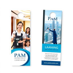 A two-sided door hanger design for Pam Janitorial Service, showcasing images of diverse, smiling individuals engaged in professional cleaning activities at hotels