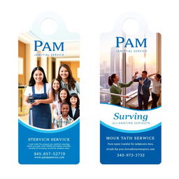 A two-sided door hanger design for Pam Janitorial Service, showcasing images of diverse, smiling individuals engaged in professional cleaning activities at hotels