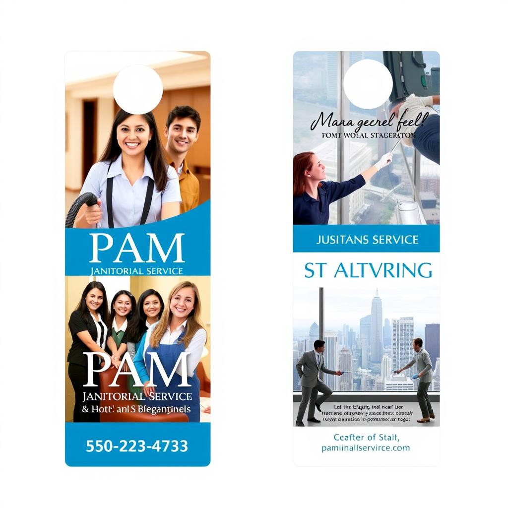 A two-sided door hanger design for Pam Janitorial Service, showcasing images of diverse, smiling individuals engaged in professional cleaning activities at hotels