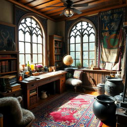 A cozy wizard dorm room filled with magical artifacts and whimsical decorations