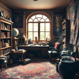 A cozy wizard dorm room filled with magical artifacts and whimsical decorations