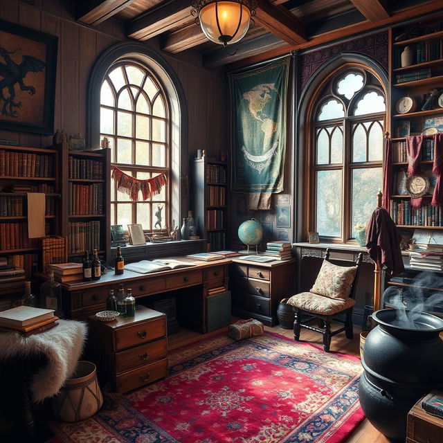 A cozy wizard dorm room filled with magical artifacts and whimsical decorations