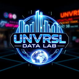 A futuristic logo design for an Instagram account named 'UNVRSL Data Lab', focused on analyzing data, metrics, and numbers concerning Universal Theme Parks worldwide