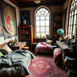 A cozy wizard dorm room featuring two comfortable beds, each draped with colorful, magically themed bedding