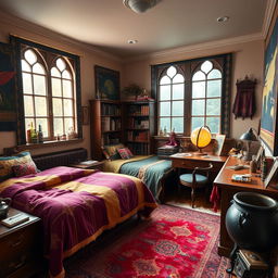 A cozy wizard dorm room featuring two comfortable beds, each draped with colorful, magically themed bedding