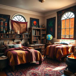 A cozy wizard dorm room featuring two comfortable beds, each draped with colorful, magically themed bedding