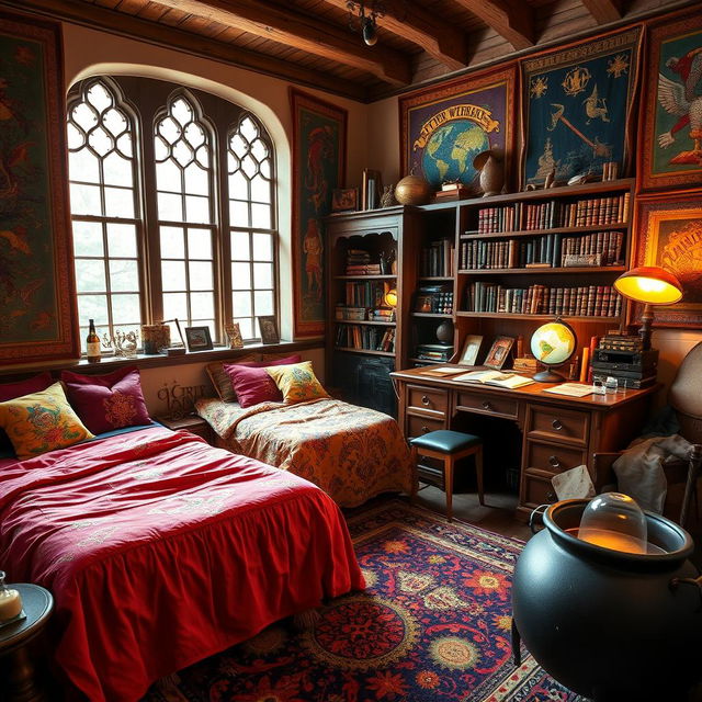 A cozy wizard dorm room featuring two comfortable beds, each draped with colorful, magically themed bedding