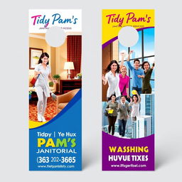 A colorful two-sided door hanger design for Tidy Pam's Janitorial Services, featuring vibrant images of a diverse group of people happily cleaning different areas of hotels